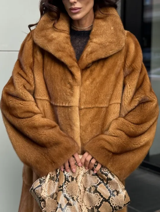 Золотистая норковая шуба с воротником апаш - New 2026 - фото 2