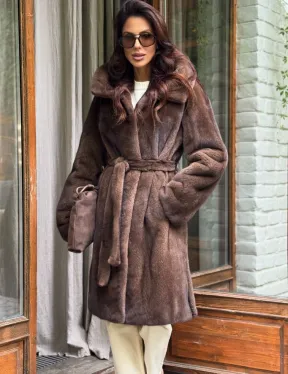 Норковая шуба с капюшоном - цвет орех - фото 0