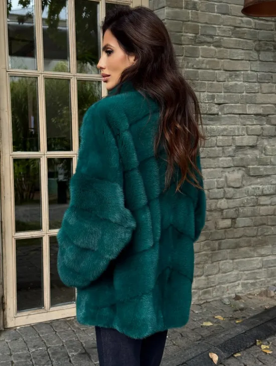 Полушубок норковый - цвет изумруд - фото 4