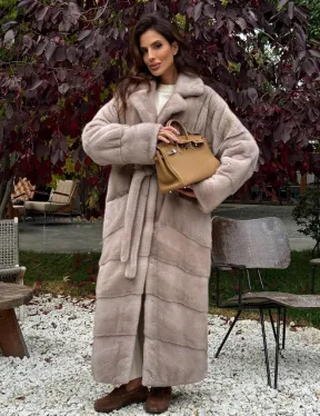 Длинная норковая шуба с поясом - фото 8