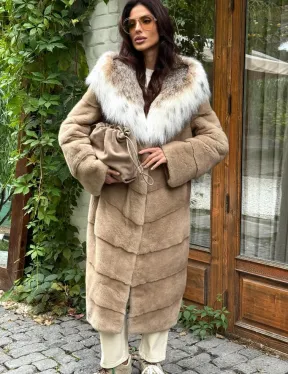 Бежевая норковая шуба с капюшоном рысь - фото 3