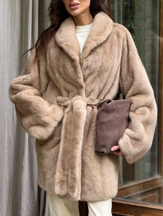 Норковый полушубок с воротником шаль - фото 3