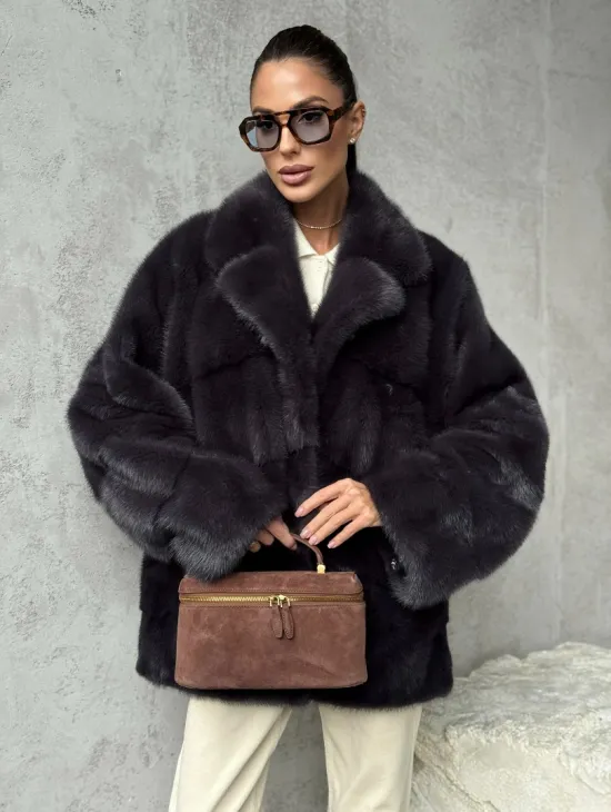 Меховой полушубок из норки  графит - фото 5