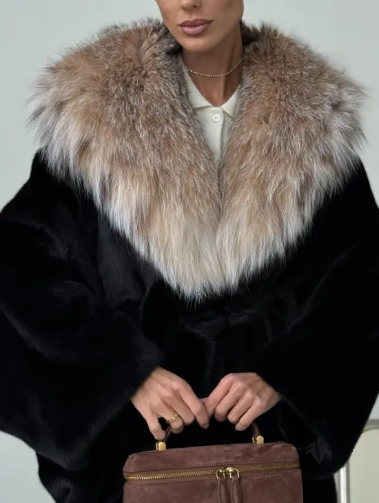 Норковый полушубок с капюшоном рысь - фото 1