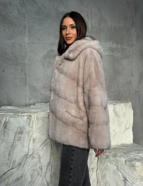 Норковый полушубок с капюшоном в цвете пудра - фото 7