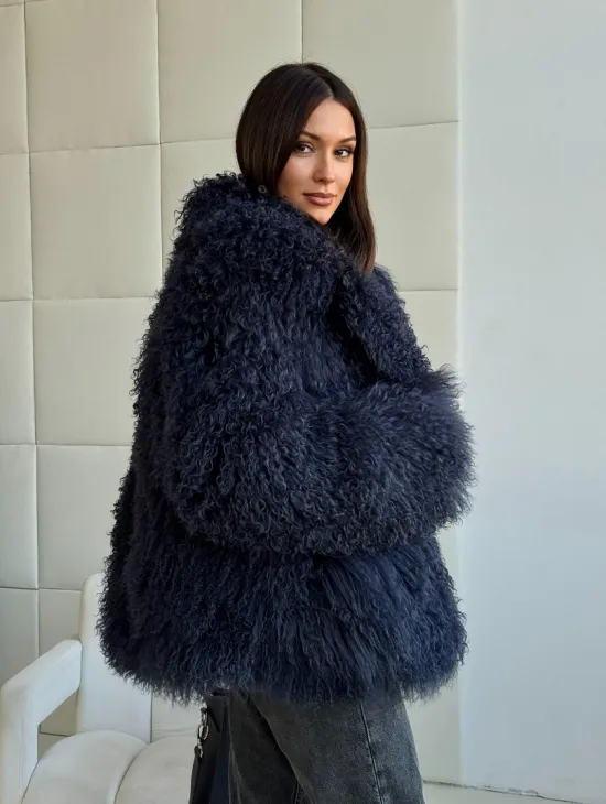 Шуба из ламы - цвет джинс - фото 8