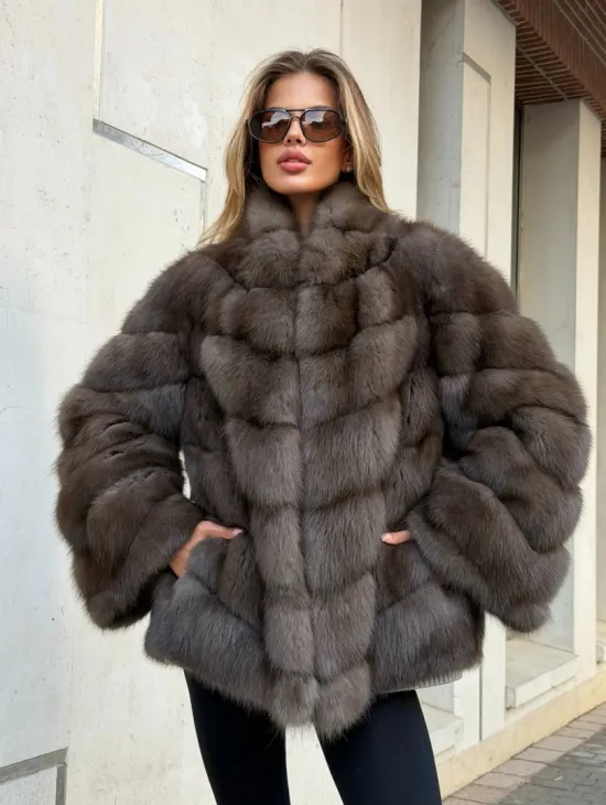 Шуба из куницы в цвете соболь - рукава косичкой - фото 7