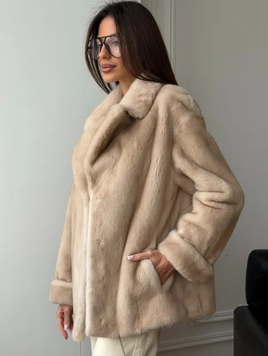 Норковый полушубок в натуральном цвете пастель - фото 8