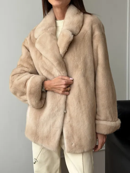 Норковый полушубок в натуральном цвете пастель - фото 4