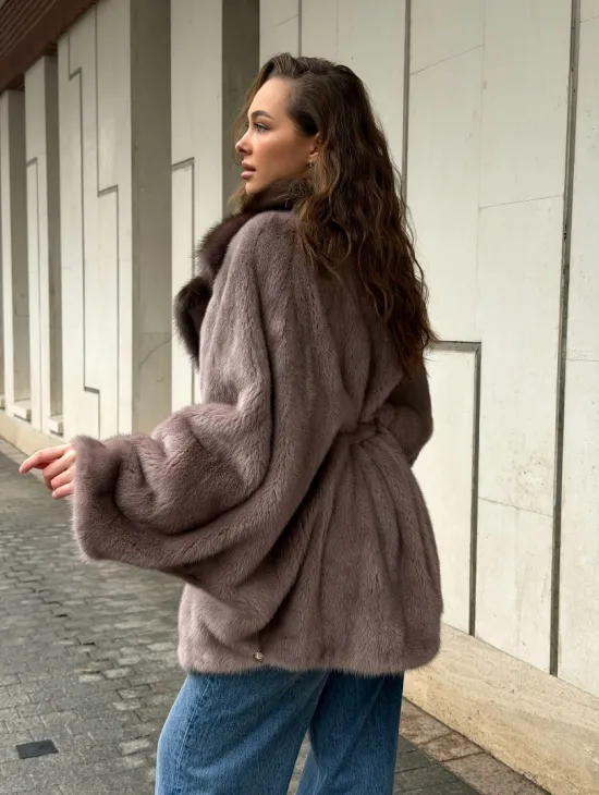 Норковая шуба летучка - воротник куница - фото 11