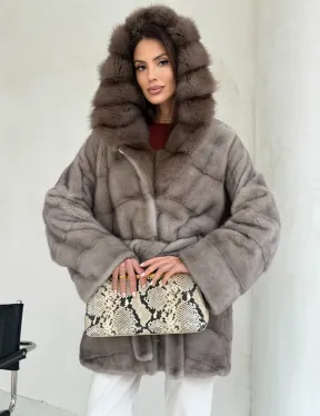 Серый норковый полушубок - капюшон куница - фото 5