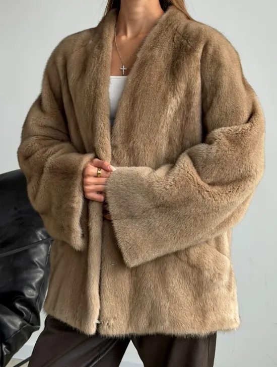 Норковый полушубок V-образный воротник - фото 2