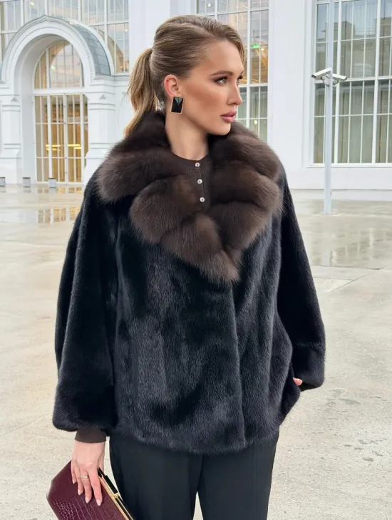 Черный норковый жакет с воротником куницы - фото 10