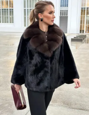 Черный норковый жакет с воротником куницы - фото 7