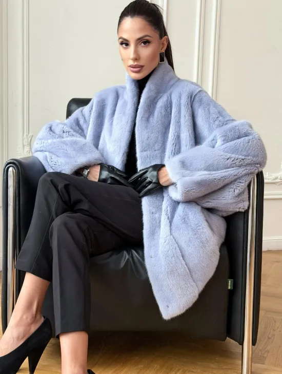 Голубой норковый полушубок - летучая мышь - фото 0