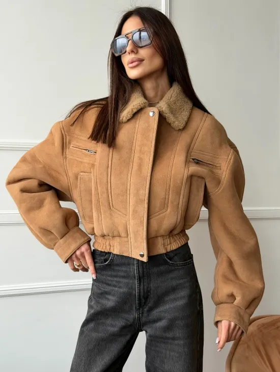 Зимняя женская дубленка - бомбер - фото 5