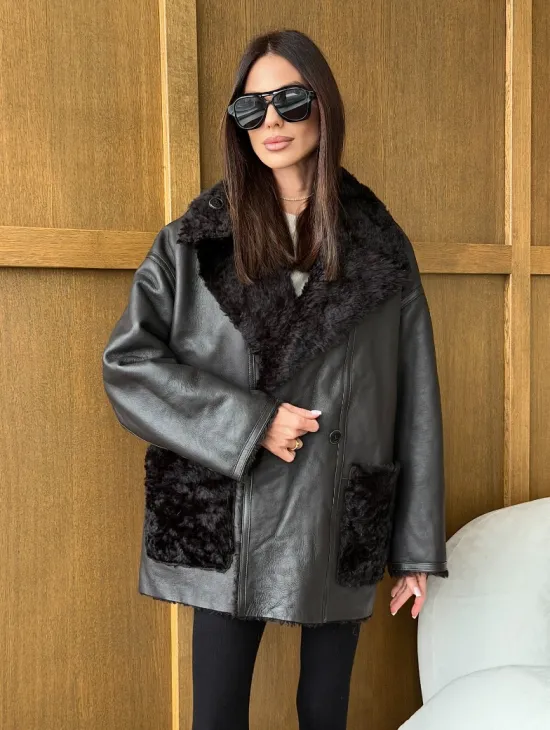 Коричневая двухсторонняя дубленка на овчине тиградо - фото 4