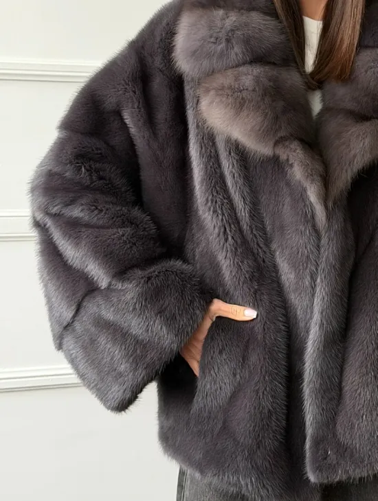 Автоледи норковая с воротником куницы - графит - фото 1