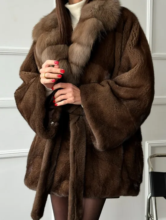 Полушубок автоледи норковый - воротник куница - фото 2