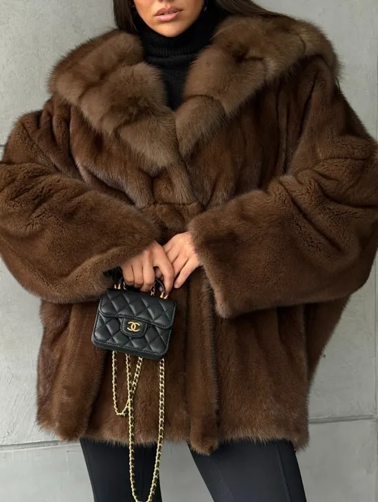 Полушубок норковый летучая мышь - капюшон куница - фото 3