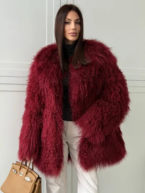 Шуба из ламы PREMIUM - бургунди - фото 0