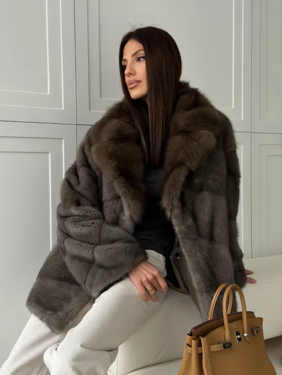Шуба норковая автоледи - воротник куница (серый) - фото 10