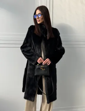 Черная норковая шуба - воротник стойка - фото 13