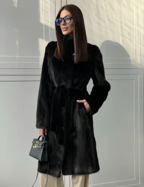 Черная норковая шуба - воротник стойка - фото 0