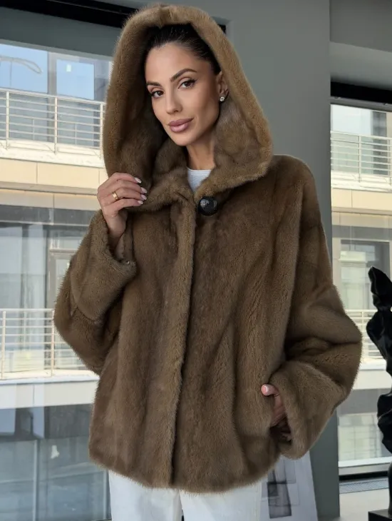 Женский норковый полушубок с капюшоном - фото 5