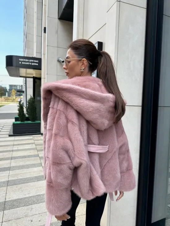 Норковый жакет с капюшоном - цвет розовый фламинго - фото 6