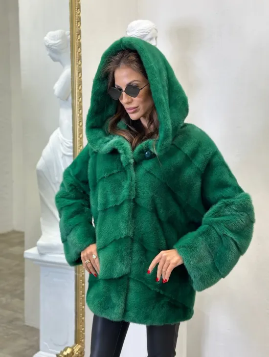 Норковый полушубок с капюшоном - цвет изумруд - фото 1