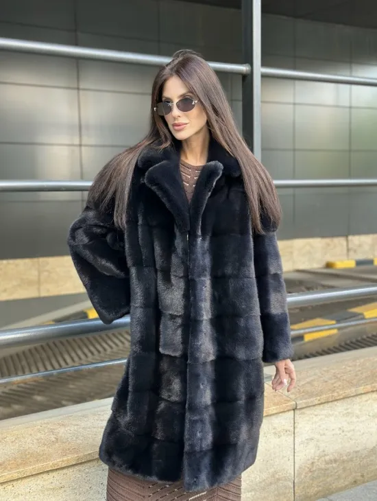 Шуба норковая английский воротник - цвет инфинити - фото 3