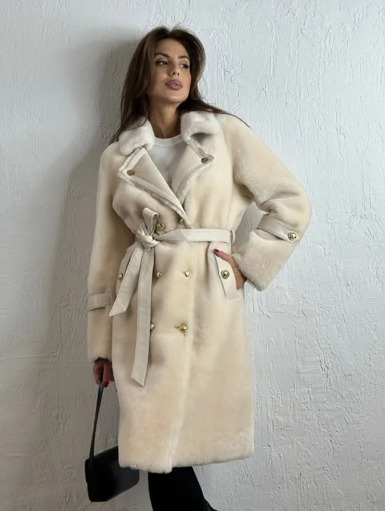 Дубленка из овчины с мехом норки - цвет молочный - фото 0