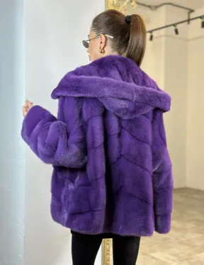 Паркет шуба с капюшоном - фиолетовый цвет - фото 4