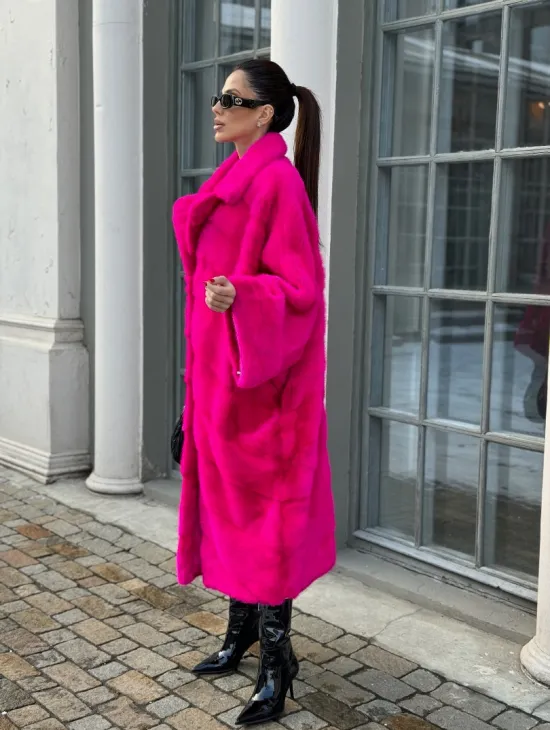 Шуба из меха норки в стиле Oversize - цвет фуксия - фото 1