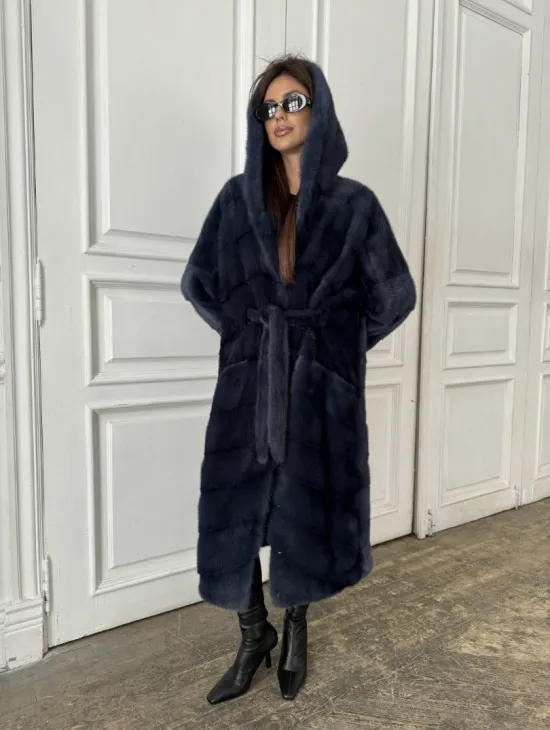 Норковая шуба с капюшоном под пояс - цвет темно-синий - фото 6