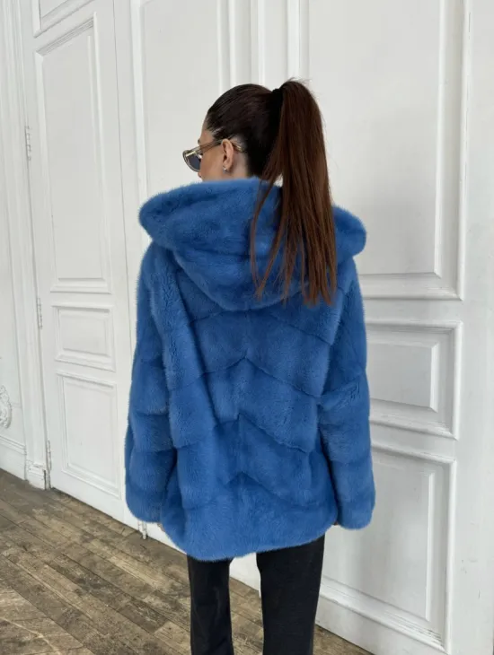 Норковый полушубок с капюшоном, паркет - цвет васильковый - фото 4