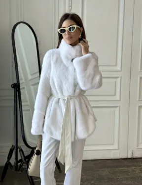 Белая шуба из меха норки (крестовка) стойка воротник - фото 6
