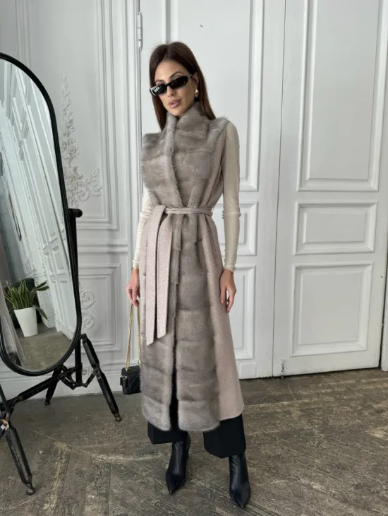Пальто с мехом норки цвет серый - фото 3