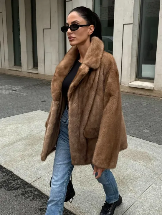 Женский норковый жакет в песочном цвете - фото 0